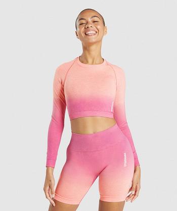 Przycięte Topy Damskie Gymshark Adapt Ombre Seamless Long Sleeve Pomarańczowe Różowe | PL 2713SGL